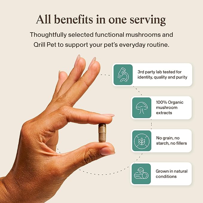 Real Mushrooms Pet Defenders with Krill - Dog Immune Support with Reishi, Turkey Tail, Shiitake, Maitake Organic Mushroom Extracts, Chaga - Daily Digestion and Immune Support for Dogs and Cats, 90ct