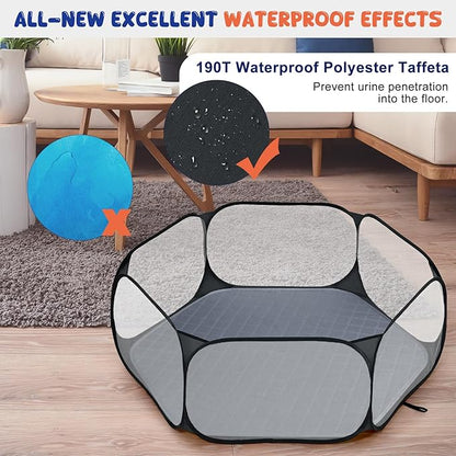 Pawaboo Small Animals Playpen with Pad, Waterproof Small Pet Cage Tent with Reusable Pad, Portable Outdoor Yard Fence for Chick/Kitten/Puppy/Guinea Pig/Rabbits/Chinchillas, Black/Gray