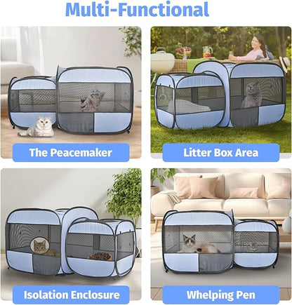 EighteenTek® 2-in-1 Portable Cat Playpen(End Doors), Pop up Kitten Playpen, Assembly-Free, Pet Tent Crates Kennel Cage Enclosure for Dog Puppy Indoor Outdoor(No Divider, Unified Space)