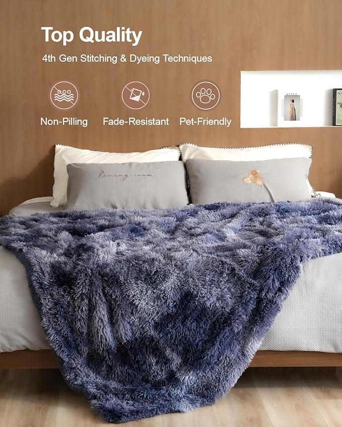 Pawque Faux Fur Sherpa Fleece Blanket Twin Size - Fluffy Warm Plush Blankets for Bed, Cozy Thick Lightweight Reversible Decor for Winter Sofa Couch, Tie-Dye Blue 60x80 inches