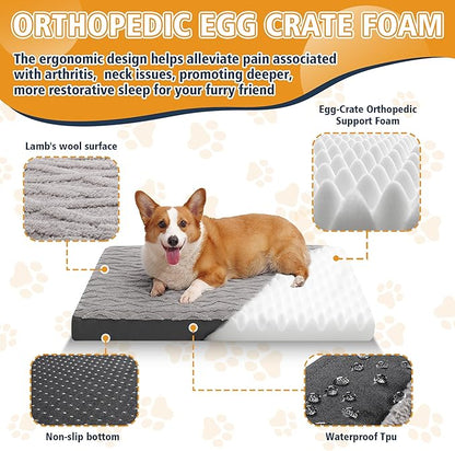 Orthopedic Dog Crate Bed – Waterproof Plush Pet Mattress with Removable Washable Cover, Non-Slip Bottom, Big Memory Foam Dog Bed for Crate, 36x27 Inch, Grey