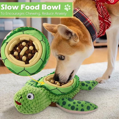 Interactive Dog Toy, Green Turtle Plush with Slow Feeder Bowl, Squeaky Chew Toy