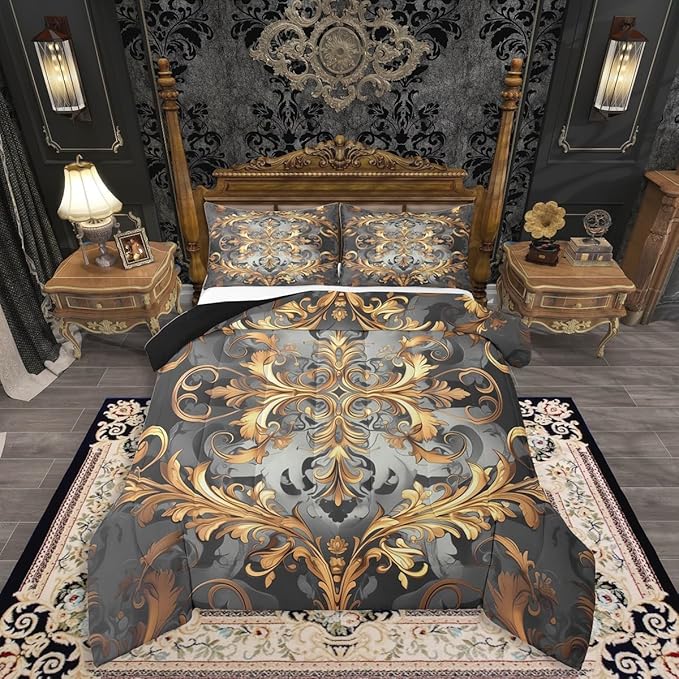 Erosebridal Golden Damask(Just Print) Twin Comforter Set, Floral Boho Vintage Paisley Microfiber Bedding Set for Kids Teens Adults, Hippie Aztec Exotic Duvet Insert Garden Bohemian Gothic Bed Sets