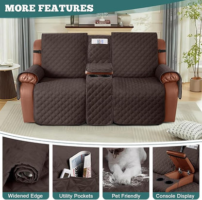 Ruaozz Waterproof Loveseat Recliner Cover with Console Non-Slip Reclining Couch Covers Split Sofa Slipcovers with Elastic Straps for Kids, Dogs, Pets (Chocolate, 2 Seater)