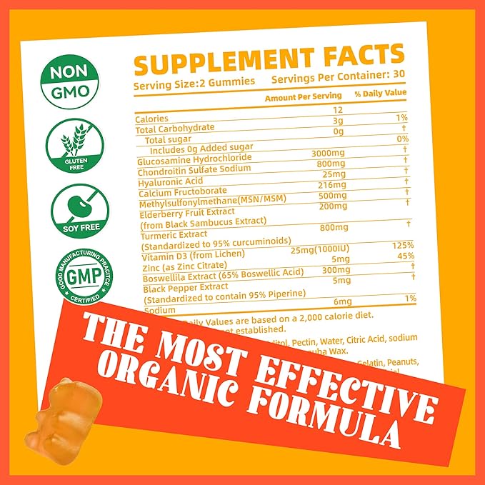 Pets Purest Glucosamine Chondroitin Gummies with MSM & Elderberry Extra Strength - Joint Support, Antioxidant Immune Support Supplement for Adults, Men & Women.(2 Pack) Orange