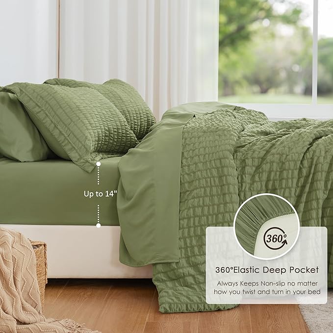 Love's cabin Seersucker Sage Green Full Comforter Set, 7-Piece All Season Lightweight Bed in a Bag Bedding Set with Comforter, Flat Sheet, Fitted Sheet, Pillowcases and Shams | Soft, Breathable, Lightweight
