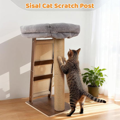 27.5" Cat Scratching Post, 3-in-1 Multifunctional Walnut Finish Pine Wood Cat Furniture, Tall Scratch Posts with Perch&Scratcher, Boxed with Hanging Bell Toy, Medium