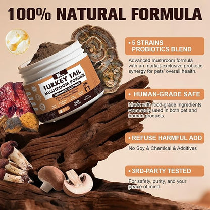 Mushroom Supplement with Probiotics for Dogs & Cats, Turkey Tail Mushroom for Pets - Mushroom Powder for Immune Boost & Overall Health- Partner Guard for Dogs Lumps and Bumps 2 Pack