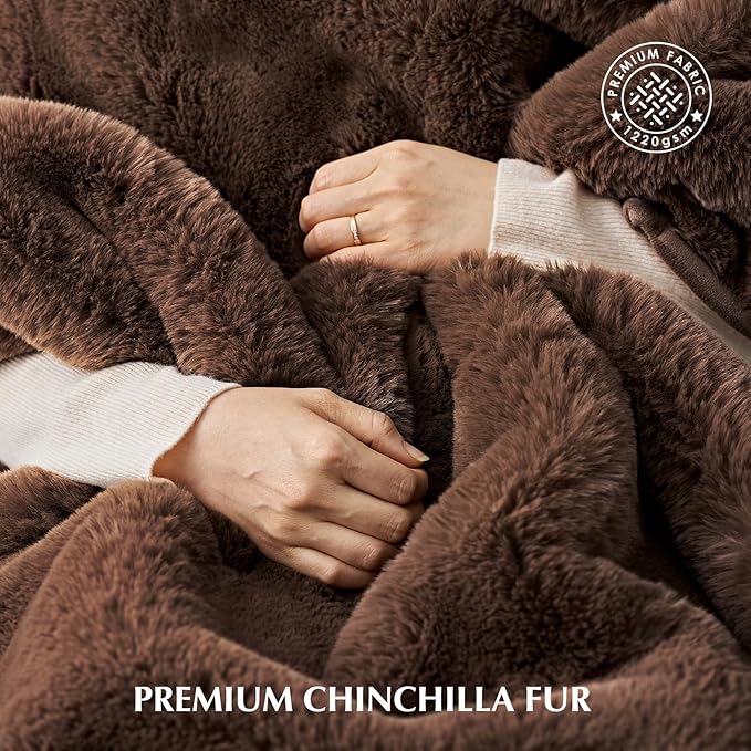 EVERGRACEHOME Luxury Soft Faux Chinchilla Fur Throw Blanket for Couch, Warm Thick Heavy Winter Throw Blanket 1220GSM for Bed, Fluffy Cozy Mink Blanket with Reversible Velvet, Chestnut Mink, 60"x80"