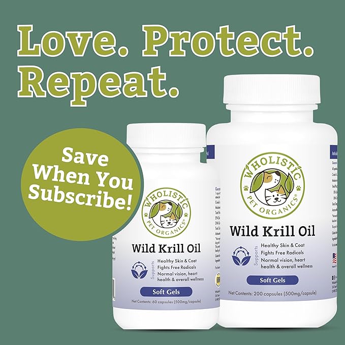 Wholistic Pet Organics Krill Oil for Dogs and Cats - Premium Antioxidant Support for Pets - Cat and Dog Skin and Coat Supplement with EPA, DHA, Astaxanthin - Omega 3 for Dogs and Cats - 60 Soft Gels