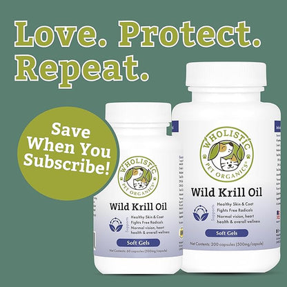 Wholistic Pet Organics Krill Oil for Dogs and Cats - Premium Antioxidant Support for Pets - Cat and Dog Skin and Coat Supplement with EPA, DHA, Astaxanthin - Omega 3 for Dogs and Cats - 60 Soft Gels