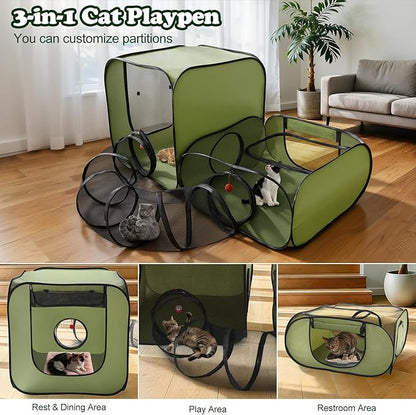 Cat Playpen, 3-in-1 Pop-up Outdoor Cat Enclosure with 2 Rooms 1 Tunnel, Breathable Pet Playpen for Indoor Outdoor Use, Portable Catio Tent with Carry Bag for Kitten Rabbit Small Animals, Green