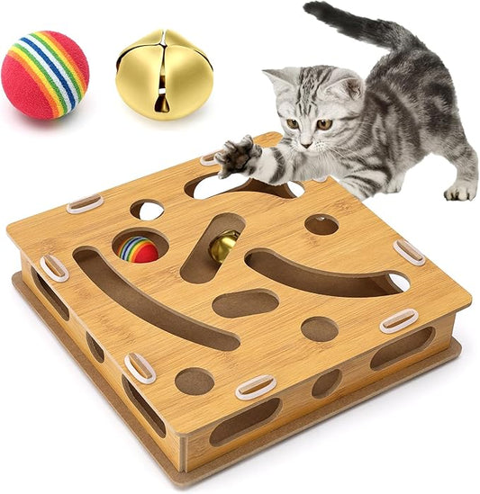 Interactive Cat Puzzle Toy with Bell & Rainbow Balls, Mental Stimulation Play Box for Indoor Cats & Kittens, Fun Maze Game for Boredom Relief & Exercise