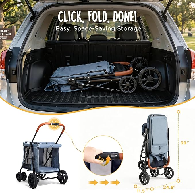 CANINE CANYON Scout Pet Stroller, Heavy Duty Dog Stroller for Small & Medium Dogs, Foldable Pet Stroller with All-Terrain Wheels, Breathable Mesh, Storage Pocket & Cup Holder, 55 lbs Capacity, Grey