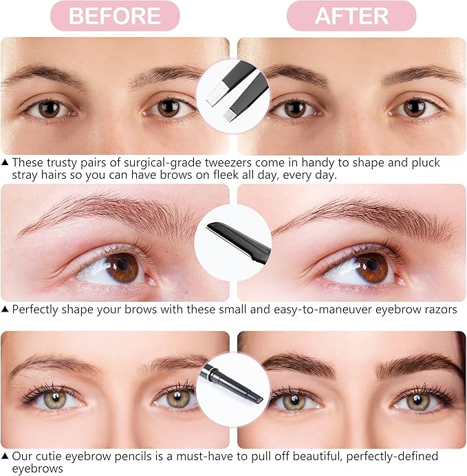 Exquisite 8-in-1 Eyebrow Kit for Women & Men – Luxury Eyebrow Grooming Kit with 4 Precision Tweezers For Eyebrows, Eyebrow Razor, Eyebrow Scissors, Eyebrow Brush/Comb & Pencil with Padded Case