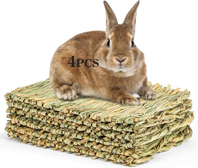Sukh 4 PCS Rabbit Grass Mats - Natural Hay Woven Bunny Rabbit Bad Cage Mats Pet Bedding Cooling Sleeping Nesting & Toys for Hamster Bunny Chinchilla Guinea Pig Mouse Bird and Other Small Animals