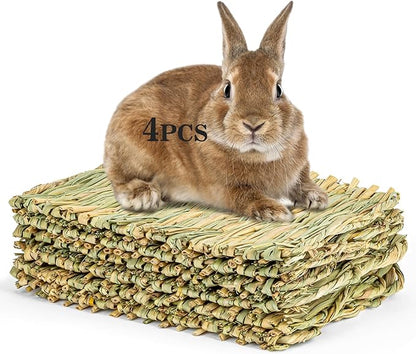 Sukh 4 PCS Rabbit Grass Mats - Natural Hay Woven Bunny Rabbit Bad Cage Mats Pet Bedding Cooling Sleeping Nesting & Toys for Hamster Bunny Chinchilla Guinea Pig Mouse Bird and Other Small Animals