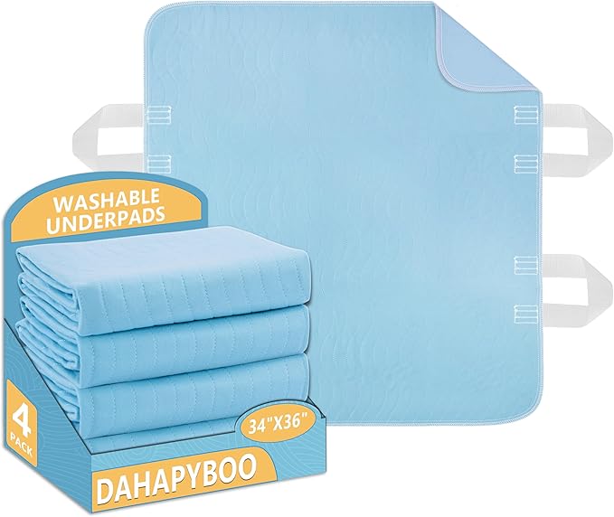DAHAPYBOO Improvia Positioning Bed Pad 34"x36" with 4 Reinforced Handles,Washable Underpads 4 Pack Incontinence,Heavy Absorbency Reusable for Elderly, Kids Adults, Waterproof Quick Drying for Bed