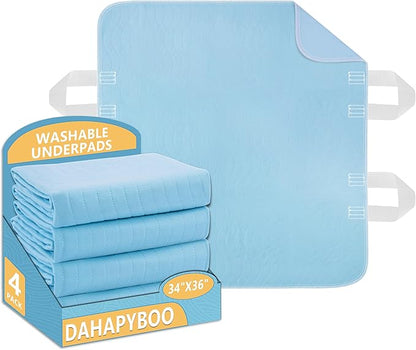DAHAPYBOO Improvia Positioning Bed Pad 34"x36" with 4 Reinforced Handles,Washable Underpads 4 Pack Incontinence,Heavy Absorbency Reusable for Elderly, Kids Adults, Waterproof Quick Drying for Bed