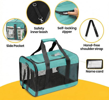 Conlun Cat Carrier Airline Approved, Soft-Sided Dog Carrier with Inner Safety Leash, Pet Transport Carrier for Small-Medium Cats Puppies up to 15 Lbs,Travel Kitten Carrier Bag -Turquoise,M