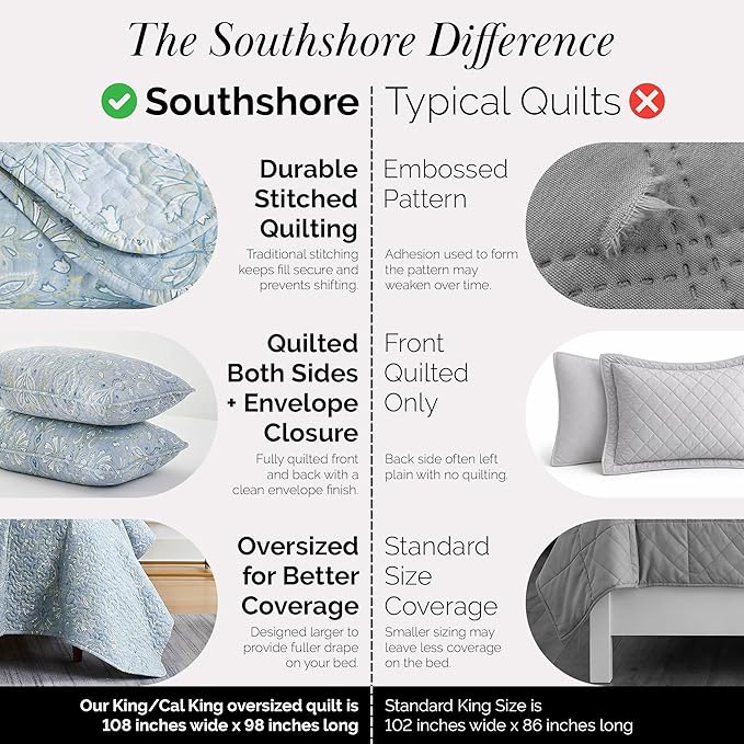 Southshore Fine Living, Inc. Boho Quilt Set, Lightweight Bedspread for Summer, Coverlet King Size, Paisley Bedding Set with Two Matching Pillow Shams, California King Quilts, Blue Paisley Quilt