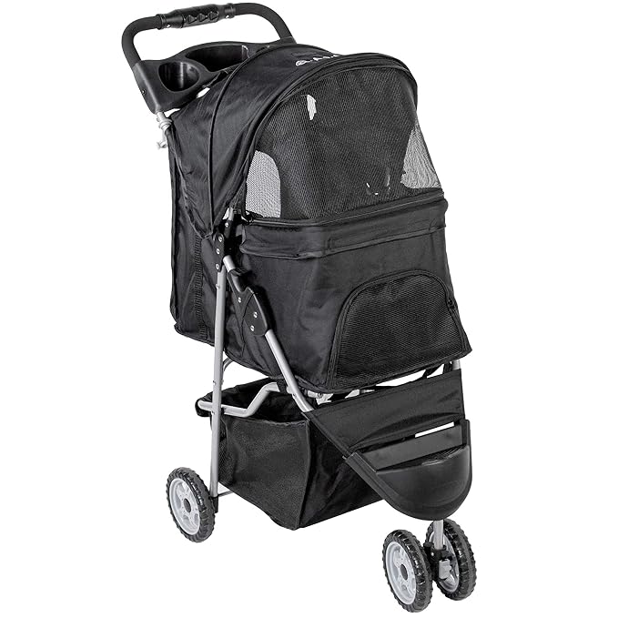 VIVO Black 3 Wheel Pet Stroller for Cat, Dog and More, Foldable Carrier Strolling Cart, STROLR-V003K