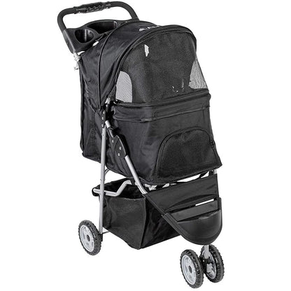 VIVO Black 3 Wheel Pet Stroller for Cat, Dog and More, Foldable Carrier Strolling Cart, STROLR-V003K