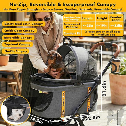 PAWZIDEA Pet Stroller 4-in-1, Foldable Dog Stroller with Detachable Carrier for Small Medium Dogs & Cats, Escape-Proof No-Zip Canopy, Lightweight Portable Travel Crate & Car Seat Combo, Storage Basket