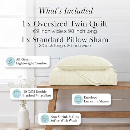 Southshore Fine Living, Inc. Twin XL Quilt Bedding Set, Soft Brushed Microfiber Bedspread Coverlet, Stain and Pet Hair Resistant Bedding, XL/Twin Size Quilt Set with 1 Pillow Sham, Cream