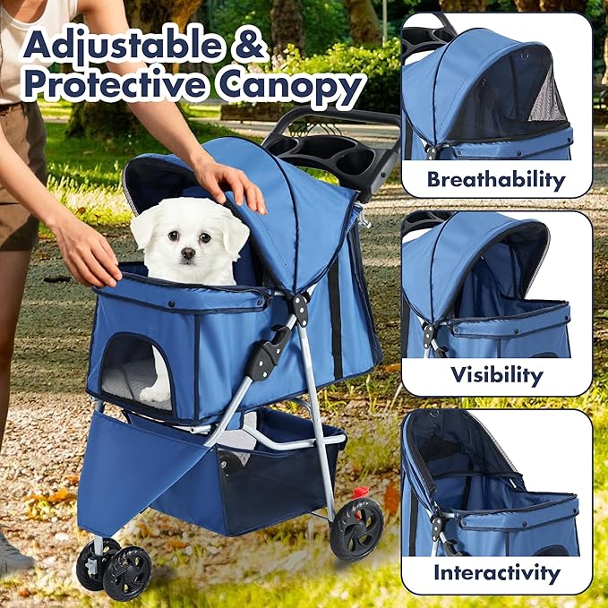 NEWBULIG 3 Wheel Pet Stroller for Dogs and Cats, Foldable, Lightweight and Durable, Ideal for Small to Medium Pets, Includes Storage Basket and Cup Holders