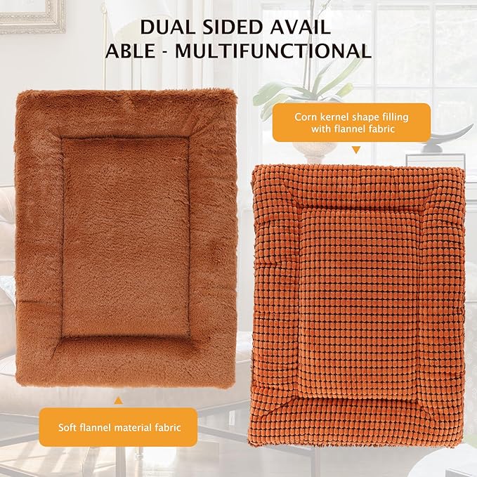 Reversible Dog Bed Mat with Plush and Corn Velvet,Soft Warm Pet Cushion, Dual Purpose Washable Sleeping Mattress Bed for Small Medium Large Dog and Cat XB004 (36"x23", Orange)