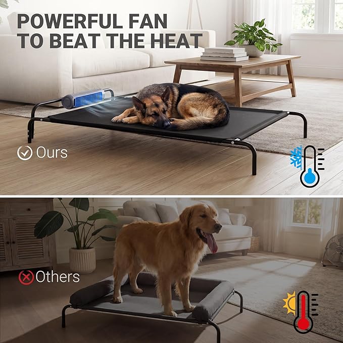 Tailwaggz Elevated Outdoor Dog Bed with Fan - Cooling Dog Bed for Large Dogs, Waterproof Cot Easy to Assemble, 3 Wind Speed, Raised Dog Bed with Washable Mesh Cover, Durable, Non Slip, Up to 105 lbs