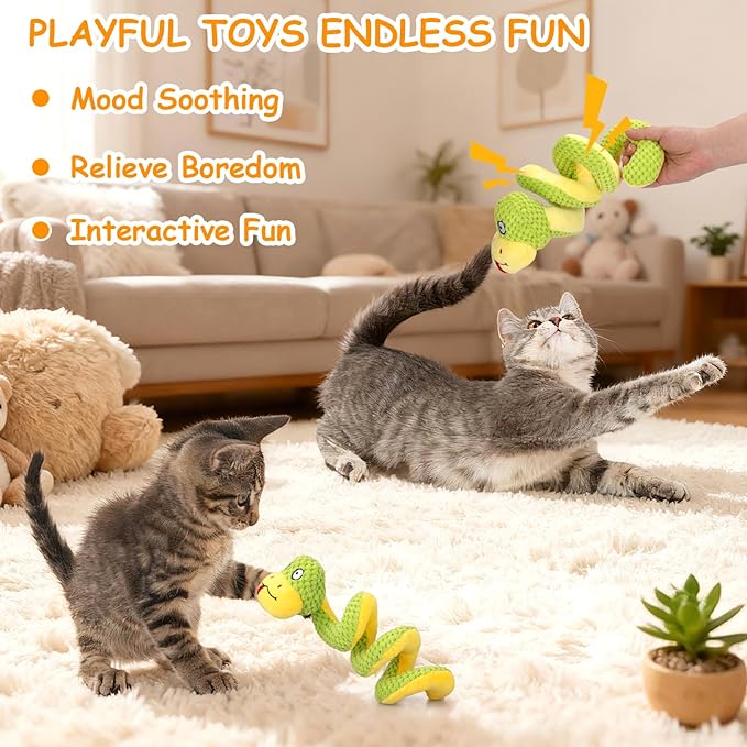 Retro Shaw Interactive Indoor Cat Toys – 11" Realistic Snake with Silvervine & Catnip, Crinkle Sound & Spring-Loaded Design, Bite-Resistant Plush Kicker for Kitten Teething, Boredom Relief & Exercise