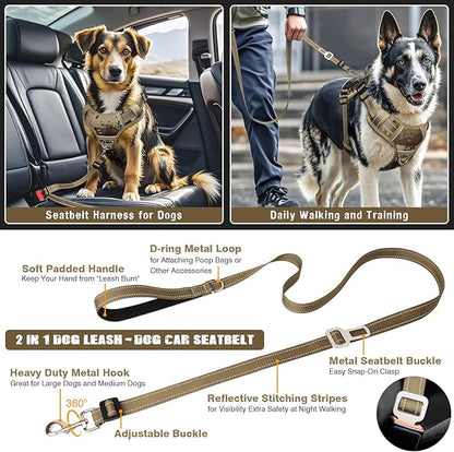 Tactical Dog Harness and Leash Set Small Sized Dog,Heavy Duty No Pull Service Dog Vest and 10 Patches with Dog Seat Belt,Reflective Adjustable Pet Harness for Training Walking Hiking Camo S