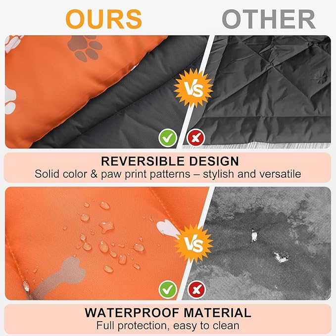 BEAUTYZOO Outdoor Dog Bed Waterproof, Camping Dog Bed Reversible, Portable Travel Bed with Carry Bag- Machine Washable, Durable, Foldable Outdoor Pet Bed Mat for Medium Large Dogs, 26" x 43" Orange