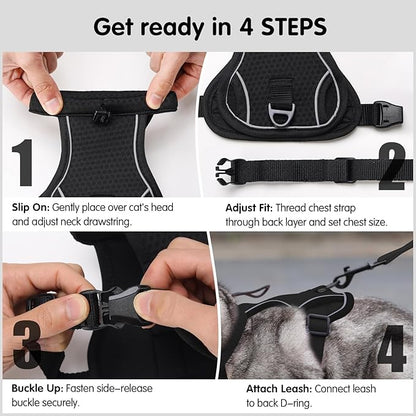 Dotoner Escape Proof Cat Harness and Leash Set Adjustable Soft Mesh Vest for Walking Safe Travel Vet Visit with Reflective Strips for Cats and Kittens(Black-S)