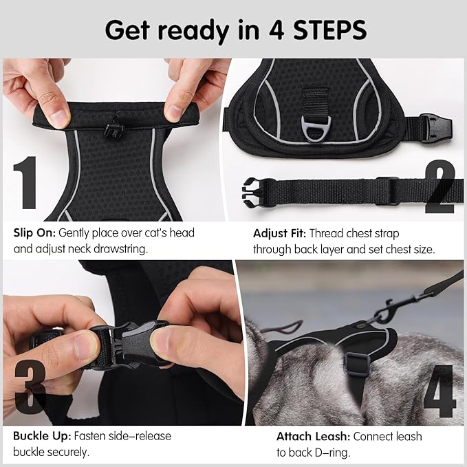 Dotoner Escape Proof Cat Harness and Leash Set Adjustable Soft Mesh Vest for Walking Safe Travel Vet Visit with Reflective Strips for Cats and Kittens(Black-M)