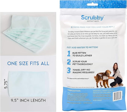 Scrubby Pet No Rinse Pet Wipes | Rinse Free Shampoo Mittens | Dogs & Cats | Bath Wipes - Bathing & Washing Pets, Hypoallergenic | No Rinse Wash Mitt | Grooming, Lather Wipe Dry - Pack of 10
