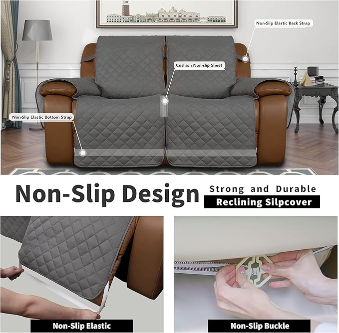Easy-Going Oversized Loveseat Recliner Cover, Reversible Couch Cover for Double Recliner, Split Sofa Cover for Each Seat with Elastic Straps for Dogs, Pets(Oversized 2 Seater, Gray/Light Gray)