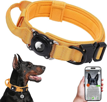 QR Code & AirTag Tactical Dog Collar - Military Grade Adjustable Reflective Collar with Control Handle, for Large Medium Dogs, Durable Nylon Metal Buckle (Yellow-L)