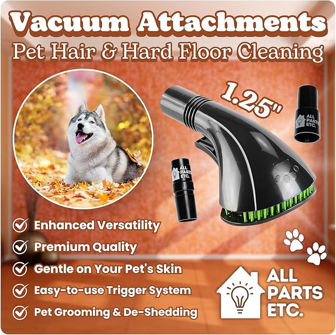 Vacuum Pet Hair Attachment, 1.25” Brush for Dog Deshedding, Pet Grooming & Massage Tool, Compatible with Shop-Vac, Hoover, Shark, Miele, Bissell and More – 2 Adapters 1-3/8" & 1-1/2"