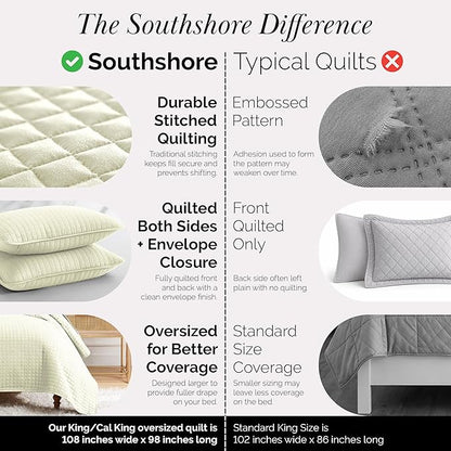 Southshore Fine Living, Inc. Oversized King Quilt Bedding Set, Soft Quilted Comforter, Wrinkle Free and Pet Hair Resistant Bedding, Quilted Coverlet Set w/2 Pillow Shams, Cream Quilt King Bedspread