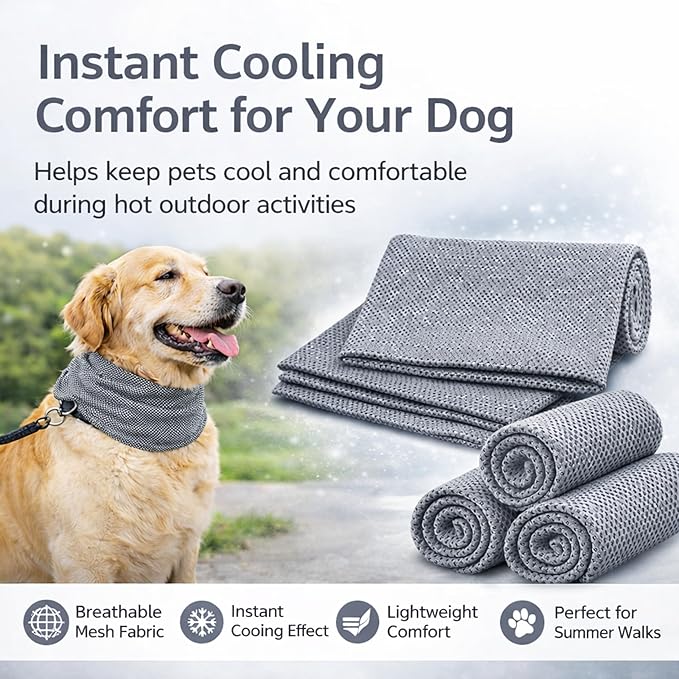 Instant Cooling Dog Bandana for Pet Scarf Soft Cool Mat Pet Collar – Eco-Friendly Breathable Polyester Dog Cooling Bandana for Dogs Puppy Bandana with Leash Hole (Gray, Medium)
