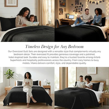 Southshore Fine Living, Inc. Twin XL Quilt Bedding Set, Dorm Room Bedding Essentials, Stain Resistant, Machine Washable Bedspread, XL/Twin Black Quilt Comforter Set/Bedspread with Pillow Sham, Black