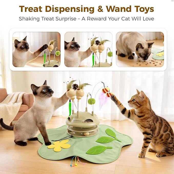 Interactive Cat Toy for Indoor Cats, 6-in-1 Hide and Seek Automatic Cat Toys With Moving Feather, Spring Teaser and Treat Dispensing, Dual Track Balls with Chirping for All Breeds, Rechargeable