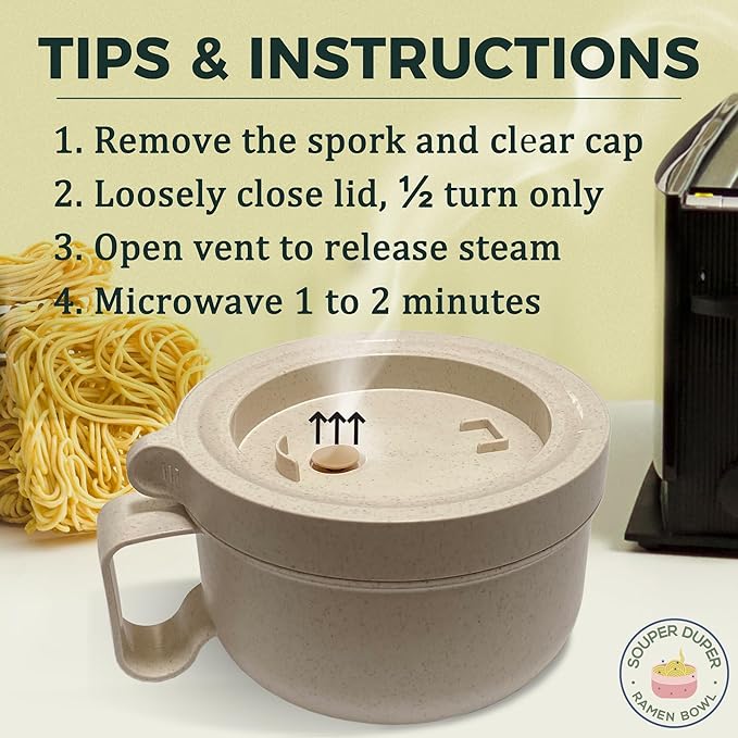 Souper Duper Ramen Bowl Set with Utensil • Heat & Eat Noodles in the Same Soup Bowl • Meal Prep Containers with Lids • Lunch Containers • Microwave, Freezer, Dishwasher Safe (Beige)