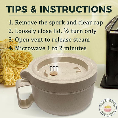 Souper Duper Ramen Bowl Set with Utensil • Heat & Eat Noodles in the Same Soup Bowl • Meal Prep Containers with Lids • Lunch Containers • Microwave, Freezer, Dishwasher Safe (Beige)