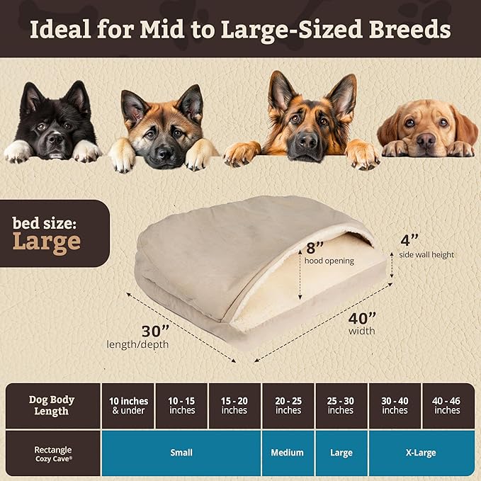 Snoozer Rectangle Cozy Cave Dog Bed - Indoor Dog Bed with Cover Cave, Covered Calming Burrow for Medium & Large Sized Pets with Blanket Attached, Enclosed, Washable Cover - Large, Buckskin