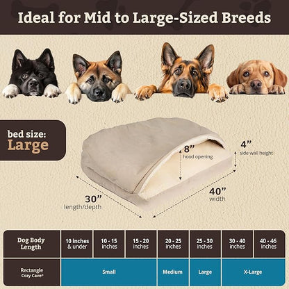Snoozer Rectangle Cozy Cave Dog Bed - Indoor Dog Bed with Cover Cave, Covered Calming Burrow for Medium & Large Sized Pets with Blanket Attached, Enclosed, Washable Cover - Large, Buckskin