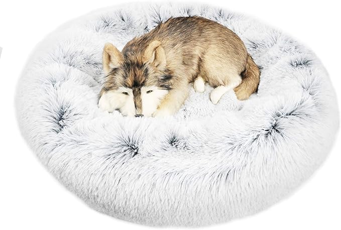 Mr. Peanut's OrthoPlush Two Tone Extra Fluff Faux Fur Donut Pet Bed (Medium, Snowflake)